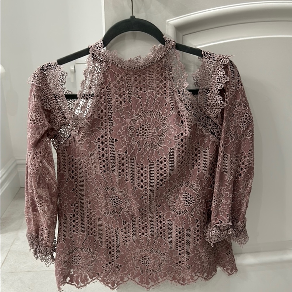Sugarlips Pink Lace Blouse with Puff Sleeves and Cutout Details